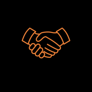 An orange handshake icon on a black background. 